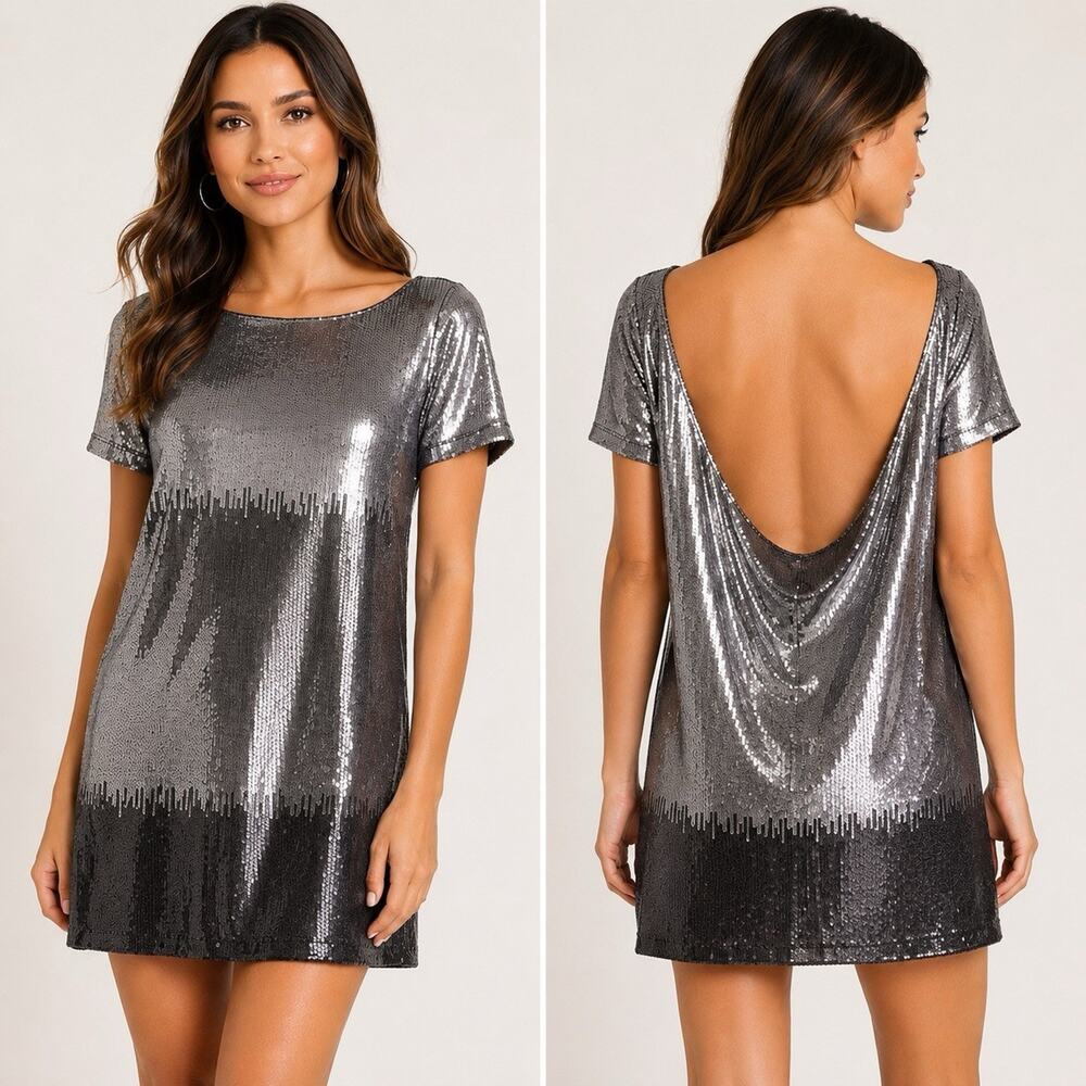 Free People Drenched in Sequins Mini Dress Size S Silver Gunmetal Ombré